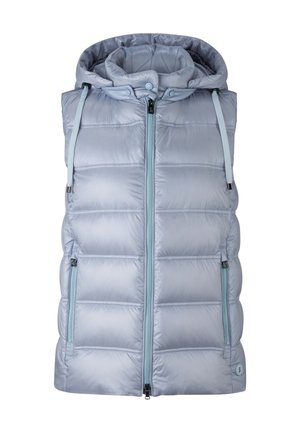 Světle modrá péřová vesta s kapucí, vybavená předním zipem, dvěma bočními kapsami na zip a nastavovacími šňůrkami. Hladká, lesklá textura.