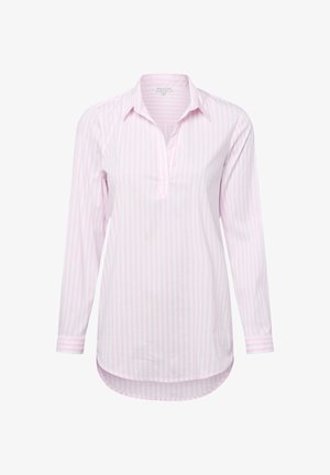 Helles rosa Langarmhemd mit weißen Streifen, ausgestattet mit einem Kragen und einem abgerundeten Saum, aus einem glatten Stoff gefertigt.