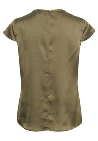 Blouse en satin vert olive à manches courtes avec une fermeture à boutons au dos au niveau de l'encolure.
