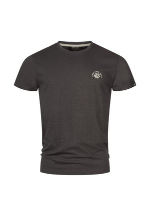 Graues Kurzarm-T-Shirt aus weichem Stoff, mit einem runden Ausschnitt und einem kleinen weißen grafikdetail auf der linken Brustseite.