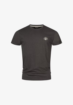 Graues Kurzarm-T-Shirt aus weichem Stoff, mit einem runden Ausschnitt und einem kleinen weißen grafikdetail auf der linken Brustseite.