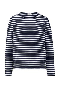 Streifenhemd mit langen Ärmeln in Marineblau und Weiß, mit rundem Halsausschnitt, aus einem weichen Stoff gefertigt. Verfügt über gleichmäßige horizontale Streifen.