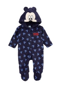 Body per neonati blu navy con motivi in blu chiaro raffiguranti la testa di Mickey Mouse, cappuccio con volto e orecchie di Mickey e scritta rossa "Mickey Mouse" sul petto.
