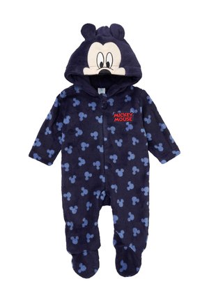 Marineblauer Baby-Body mit hellblauen Mickey-Maus-Kopfmustern, Kapuze mit Mickey-Gesicht und Ohren sowie rotem "Mickey Mouse"-Text auf der Brust.