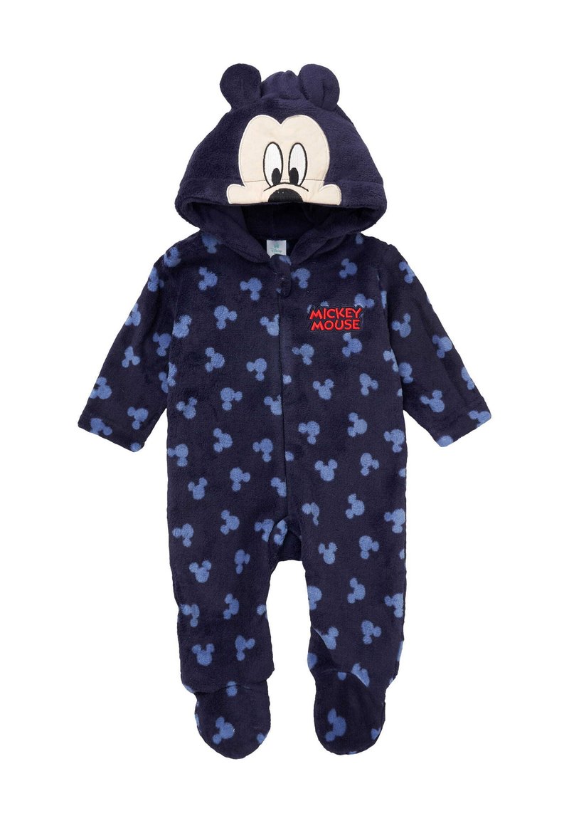 Body per neonati blu navy con motivi in blu chiaro raffiguranti la testa di Mickey Mouse, cappuccio con volto e orecchie di Mickey e scritta rossa "Mickey Mouse" sul petto.