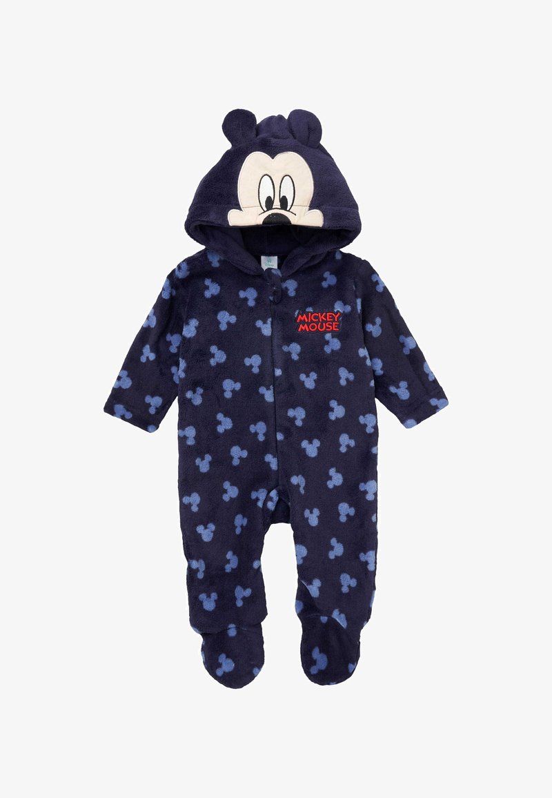 Body per neonati blu navy con motivi in blu chiaro raffiguranti la testa di Mickey Mouse, cappuccio con volto e orecchie di Mickey e scritta rossa "Mickey Mouse" sul petto.