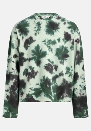 Long-sleeve sweatshirt in light green cotton with a black and dark green tie-dye pattern, featuring a round neckline and relaxed fit.