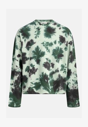Langärmliger Sweatshirt aus leichtem grünen Baumwollstoff mit einem schwarz und dunkelgrünen Batikmuster, mit runder Ausschnittform und lockerer Passform.