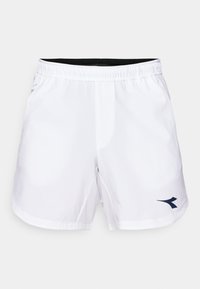 Weiße Sportshorts mit einem elastischen Bund und schwarzem Innenfutter. Auf der linken Seite befindet sich ein dunkelblaues Logo, mit glatter Textur.