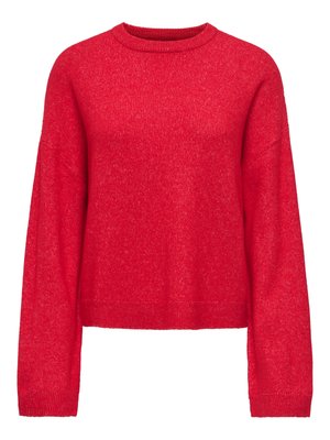 Sarkans adīts džemperis ar garām piedurknēm, apaļu apkakli un brīvu piegriezumu. Audums izskatās mīksts ar viegli strukturētu faktūru.