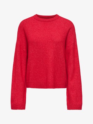 Rød strikket genser med lange ermer, rund hals og en løs passform. Stoffet ser mykt ut med en lett teksturert overflate.