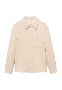 Beige, textured shirt with a collar, front buttons, and a single chest pocket. Long sleeves and a relaxed fit. Lightweight fabric.