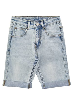 Lyseblå denimshorts med optrukket kant, design med fem lommer, syningsdetaljer og knaplukning ved taljen.