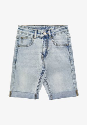 Lyseblå denimshorts med optrukket kant, design med fem lommer, syningsdetaljer og knaplukning ved taljen.
