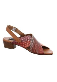 Woven open-toe sandal with red and gray straps, tan adjustable ankle strap, and low stacked wooden heel.