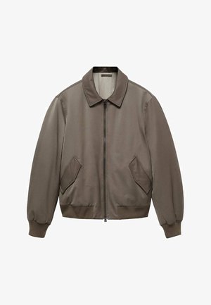 Brown bomber jacket made from smooth, shiny fabric. Features a zip front, ribbed cuffs, and two side pockets with angled openings.