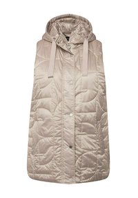 Padded Weste in hellem Beige mit Kapuze. Aus glänzendem, gestepptem Stoff, zwei Druckknöpfen vorne und verstellbaren Kordeln.