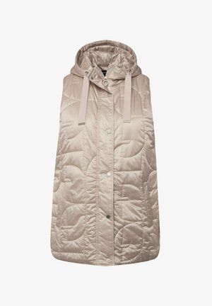 Polstret vest i lys beige med hætte. Har skinnende quiltet materiale, to frontknapper med trykknap og justerbare snore.
