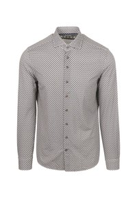 Lange mouwen knoopshirt van lichte stof, met een patroon van kleine diamanten in marineblauw en wit, met bruine knopen.