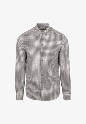 Langarm-Hemd aus leichtem Stoff, mit einem gemusterten Design aus kleinen Rauten in Marineblau und Weiß, versehen mit braunen Knöpfen.