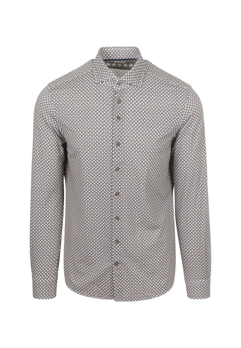 Lange mouwen knoopshirt van lichte stof, met een patroon van kleine diamanten in marineblauw en wit, met bruine knopen.