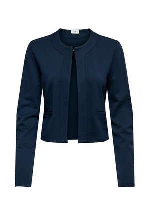 Cardigan court bleu marine à manches longues avec encolure ronde et deux petites poches avant, design ouvert à l'avant.