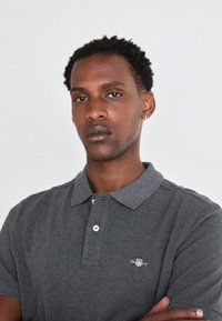 Graues Poloshirt aus einem strukturierten Stoff mit einem Kragen, zwei Knöpfen und Logodetails auf der Brust. Kurze Ärmel.