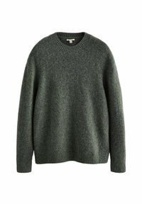 Green wool sweater featuring a round neckline, long sleeves, and ribbed cuffs and hem. Soft texture with a subtle, heathered pattern.