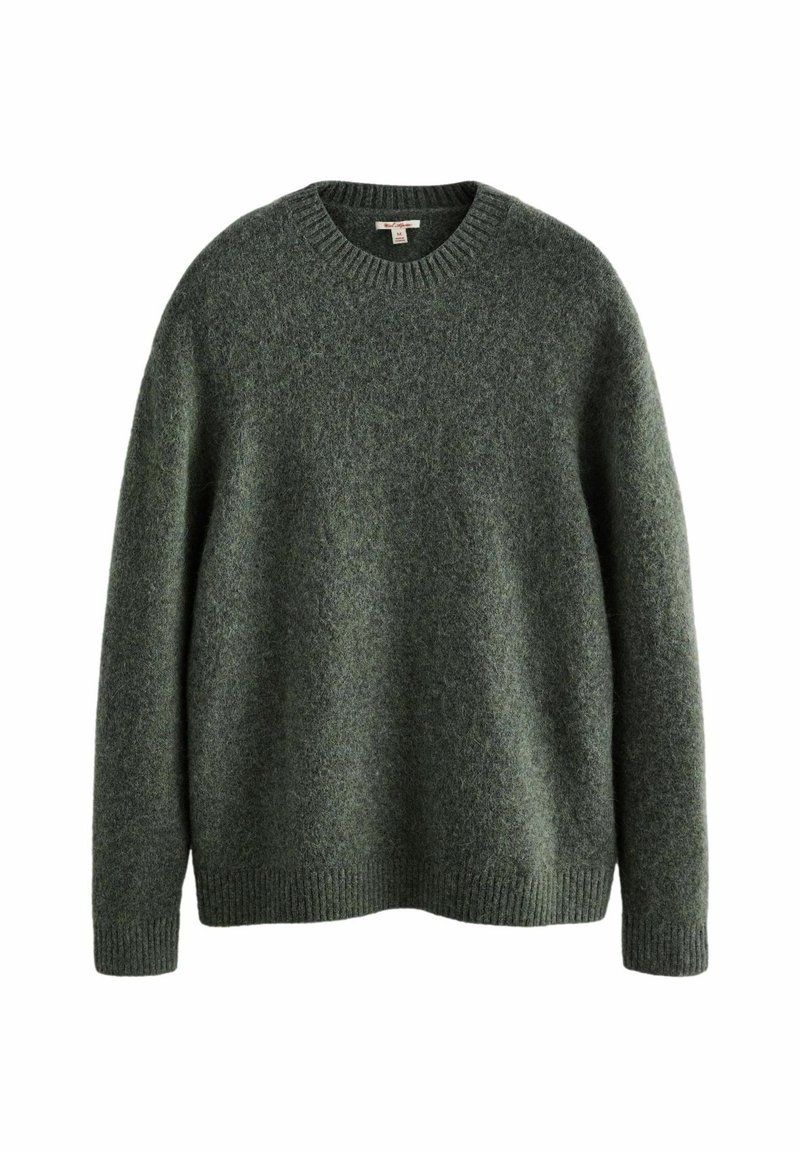 Green wool sweater featuring a round neckline, long sleeves, and ribbed cuffs and hem. Soft texture with a subtle, heathered pattern.