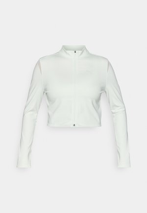 White cropped zip jacket made of smooth, stretchy fabric. Features long sleeves, a high collar, and mesh inserts on the upper arms.