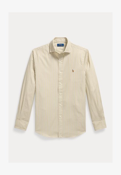 Chemise à manches longues beige et blanche à rayures verticales, avec col et logo Polo Ralph Lauren brodé sur la poitrine.