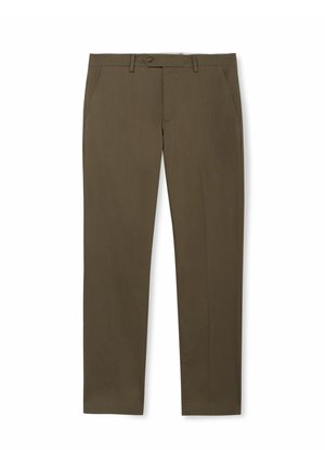 Olivově zelené upravené kalhoty s poutky na pásek, bočními kapsami, předním knoflíkem a zapínáním na zip, zobrazené rozložené na bílém pozadí.