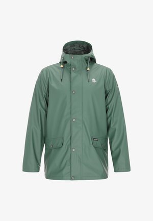 Vihreä vedenpitävä takki hupulla, etuosassa painonappikiinnitys, nyörit, läppätaskut sekä pieni logo rinnassa ja hihassa.