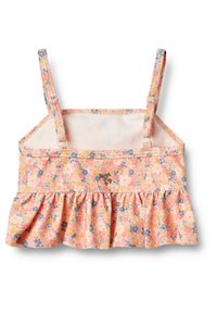 Blommig crop top med rosa, gula och blå blommor. Har en volangkant, justerbara band och ett mjukt, texturerat tyg.