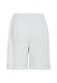 Short ample à rayures verticales bleu clair et blanc, avec taille élastique et ourlet retroussé, présenté de face sur fond blanc.