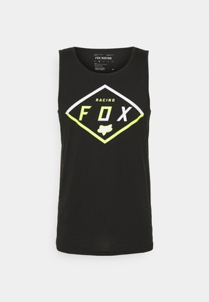 Débardeur noir sans manches avec logo "FOX Racing" en forme de losange jaune et blanc et graphisme tête de renard centré sur le devant.