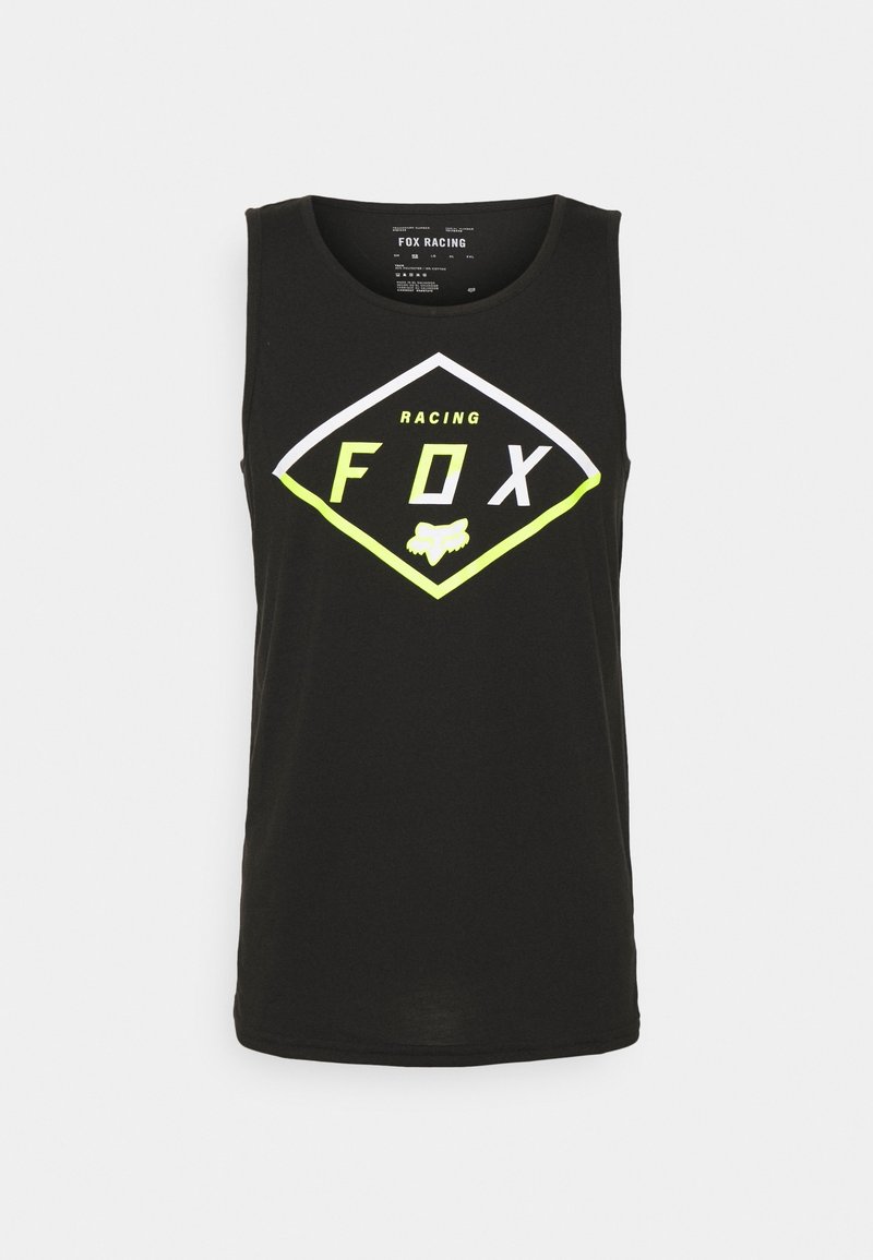 Débardeur noir sans manches avec logo "FOX Racing" en forme de losange jaune et blanc et graphisme tête de renard centré sur le devant.
