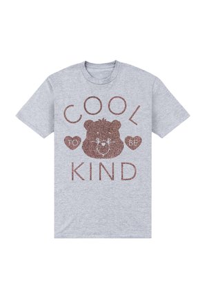 Camiseta de algodón gris con un gráfico de un oso y el texto "ES GENIAL SER AMABLE" en una fuente marrón brillante. Mangas cortas y escote redondo.