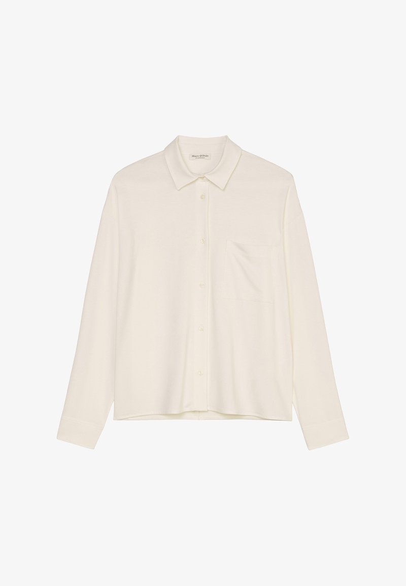 Crème-kleurige overhemd met knopen, een kraag, lange mouwen en een borstzak. Zachte stof met een gladde textuur. Minimalistisch ontwerp.