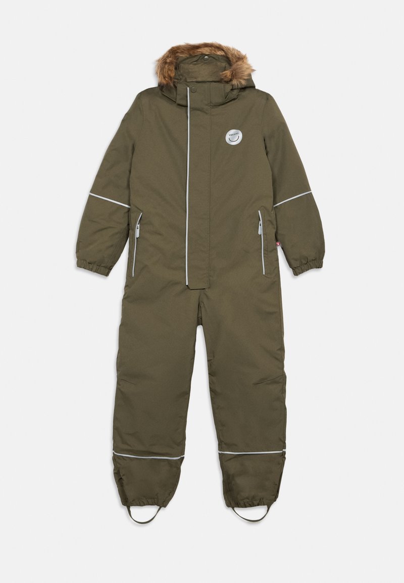 Olive green snowsuit with a faux fur-lined hood, silver zipper, reflective accents, elastic cuffs, and adjustable foot straps for a secure fit.