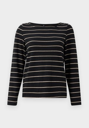 Mustast pikast varrukatest särgil on kitsad beežid triibud. Sellel on paadi kaelus ja lihtne, lõdva istuvusega disain ilma kaunistusteta.