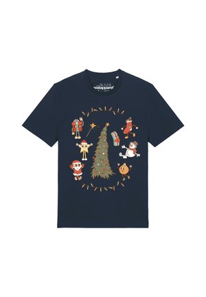Navyblaues T-Shirt mit Cartoon-Weihnachtsbaum, Geschenken, Weihnachtsmann, Stern, Schneemann, Strumpf und Lichterkette in kreisförmiger Anordnung.