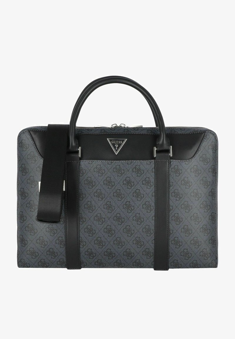 Borsa per laptop sintetica grigia con dettagli in pelle nera, doppie maniglie superiori, tracolla rimovibile e placca con logo sul davanti.
