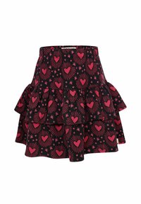Uitlopende rok met een zwarte basis, met een patroon van roze harten en sterren. Gemaakt van een lichte stof met gelaagde ruches.