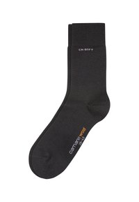 Black wool socks with a smooth texture. Features a ribbed cuff, subtle branding, and sizes marked in white and orange.