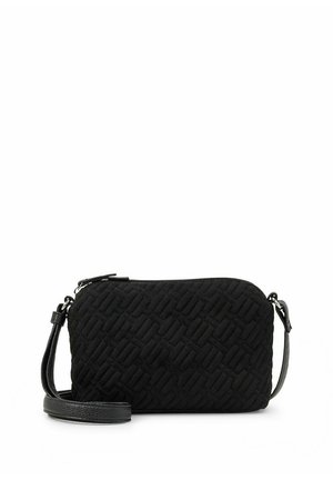 Petit sac bandoulière noir matelassé avec sangle réglable et fermeture éclair sur fond blanc.