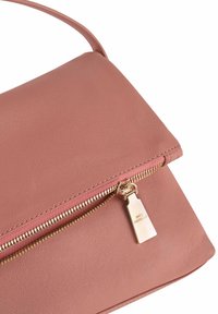 Roze leren handtas met een ritssluiting en een gouden accentlabel. Gladde textuur, minimalistisch ontwerp en platte vorm.