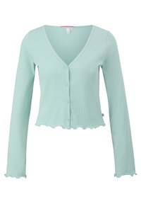 Mintgroene geribde cardigan met een V-hals, lange mouwen, knoopsluiting en een golvende onderrand. Gemaakt van een zachte, gestructureerde stof.