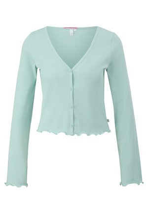 Mint green ribbed cardigan with a V-neck, long sleeves, button closure, and scalloped hem detail. Made from a soft, textured fabric.