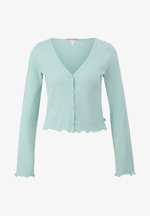 Mintgrüner gerippter Cardigan mit V-Ausschnitt, langen Ärmeln, Knopfverschluss und gewelltem Saumdetail. Hergestellt aus einem weichen, strukturierten Stoff.